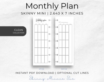 Skinny Mini Clean Monthly Plan Happy Planner Printable for Disc Planners, Inserts with Cut Lines, Instant Download & Sunday Monday Starts