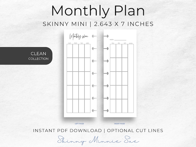 Photo of left and right pages for the Skinny Mini Planner, two page spread showing a blank monthly calendar with weekdays at top: left page with Sun through Wed, right page with Thu through Sat and notes column. Right page has place to record Month.