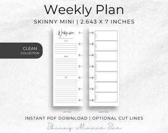 Skinny Mini Clean Weekly Happy Planner Printables, Minimalist Weekly Plan Inserts for Disc Planners, Cut Lines, Sunday Monday Start