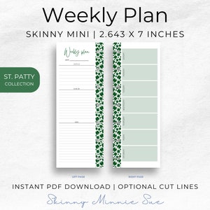 Photo of left and right pages for the Skinny Mini Planner as a two page spread. Left page has space for Week at the top and 3 sections with lines: goals, to do list, notes. Right page has 7 boxes, one for each day of the week Sunday through Saturday.