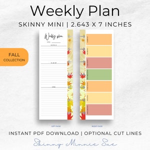 May include: A printable weekly planner with an autumn theme. The left page has a lined section for notes and a to-do list. The right page has a grid for scheduling with days of the week labelled. The planner is decorated with colourful autumn leaves.