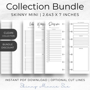Può includere: Una collezione di pagine di pianificatore stampabili in formato skinny mini, che misurano 2,643 per 7 pollici. Le pagine includono un elenco, una settimana, un piano giornaliero e una sezione note. Le pagine sono progettate con linee pulite e un'estetica minimalista.