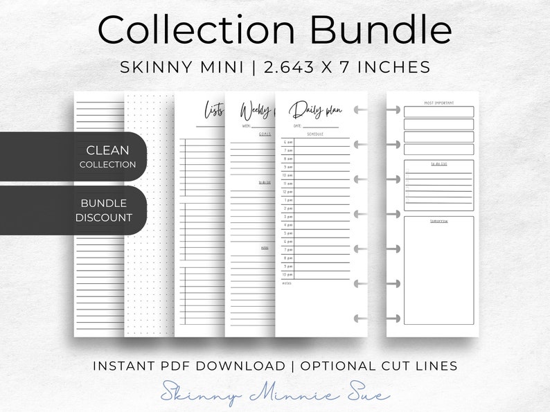 6 pages for the Skinny Mini Planner to include: left and right daily pages, and left pages for: weekly plan, lists, dot grid notes, narrow lines notes. Bundle discount as you get 5 templates for the price of 4 templates. Instant Download PDF.