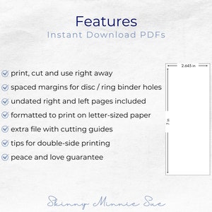 May include: A checklist of features for printable PDF files, including print, cut, and use right away, spaced margins for disc/ring binder holes, undated right and left pages included, formatted to print on letter-sized paper, extra file with cutting guides, tips for double-side printing, and peace and love guarantee. The image also shows the dimensions of the printable file: 7 inches by 2.643 inches.