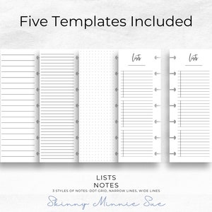 4 Skinny Mini pages shown to include the left and right Lists pages, and the left pages for: dot grid notes, narrow line notes, wide line notes.