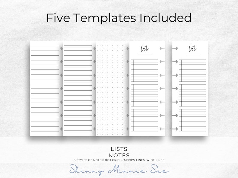 4 Skinny Mini pages shown to include the left and right Lists pages, and the left pages for: dot grid notes, narrow line notes, wide line notes.