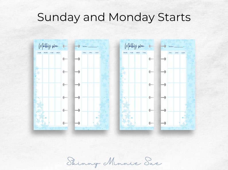 Skinny Mini Winter Happy Planner Printables, Monthly Plan Inserts for Disc Planners, Cut Lines, Instant Download Sunday Monday Start image 2