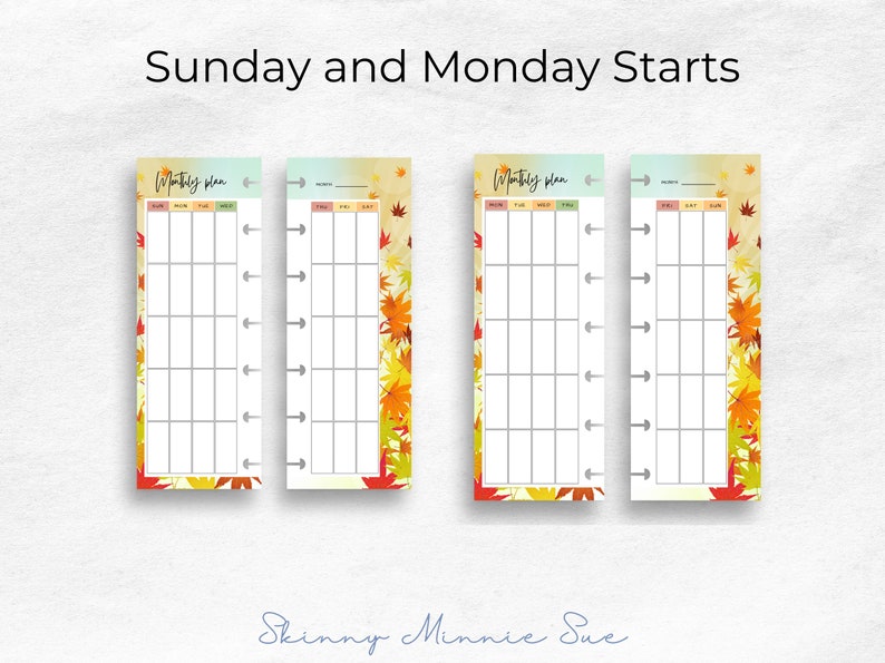 Skinny Mini Fall Happy Planner Printables, Monthly Plan Inserts for Disc Planners, Cut Lines, Instant Download Sunday Monday Start image 2