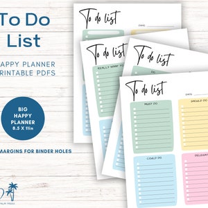 Imprimíveis do Big Happy Planner, inserções praianas para planejadores discbound, rastreador de tarefas sem data, listas de tarefas para download instantâneo em carta dos EUA para impressão