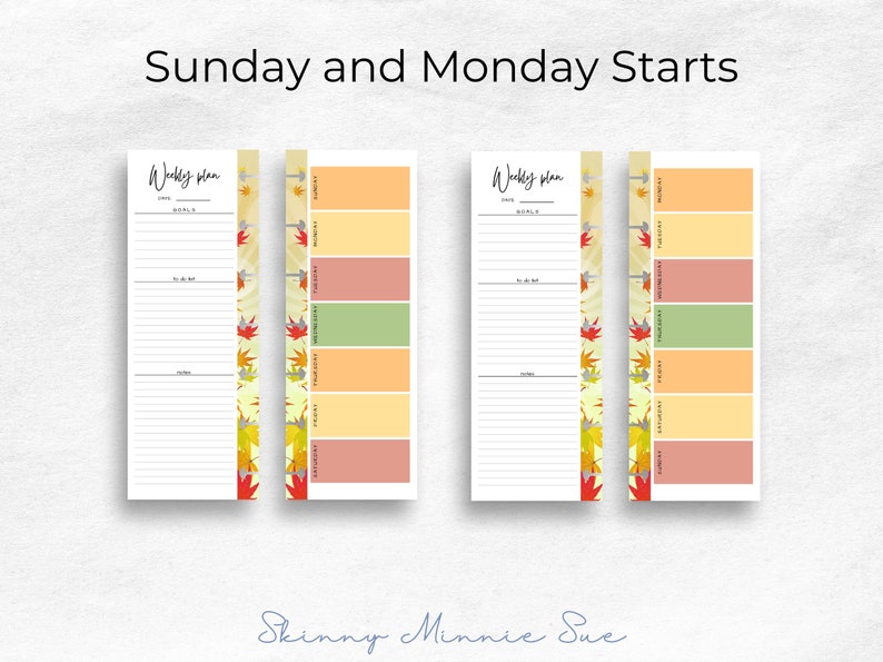 Skinny Mini Fall Happy Planner Printables, Minimalist Weekly Plan Inserts for Disc Planners, Cut Lines, Instant Download Sunday Monday Start image 2