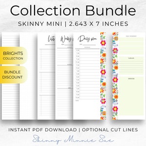 以下が含まれることがあります： "Brights"コレクションの印刷可能なプランナーバンドル。バンドルには、リスト、ウィークリー、デイリー、および「最も重要な」ページが含まれています。ページは白地に黒の線とテキストで書かれています。ページはカラフルな花のボーダーで飾られています。プランナーページは2.643インチ×7インチです。