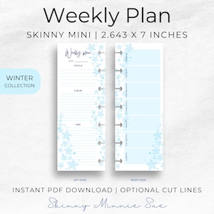 May include: A printable weekly planner in a skinny mini size, measuring 2.643 inches by 7 inches. The planner has a winter theme with a snowflake pattern and blue and white colors. The left page is for a to-do list and the right page is for scheduling appointments. The text "Weekly Plan" is at the top of the page.