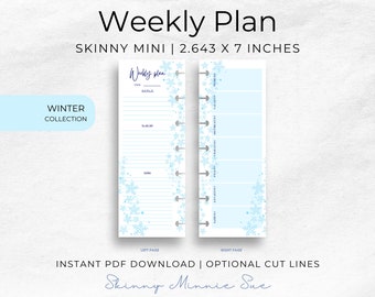 Skinny Mini Winter Happy Planner Printables, Minimalist Weekly Plan Disc Planner Inserts, Cut Lines, Instant Download Sunday Monday Start