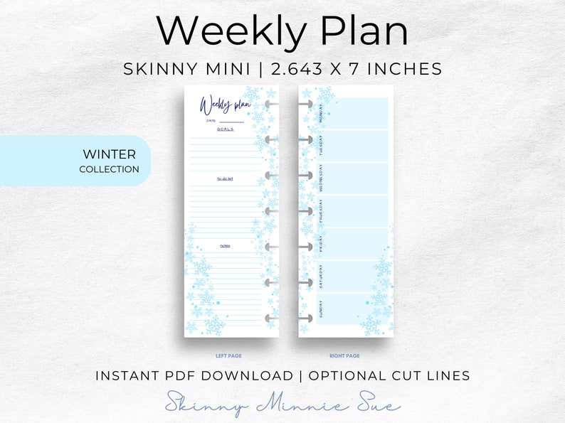 Skinny Mini Winter Happy Planner Printables, Minimalist Weekly Plan Disc Planner Inserts, Cut Lines, Instant Download Sunday Monday Start image 1