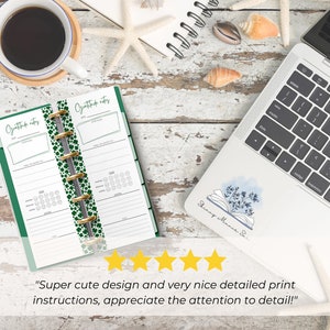 The pages are shown open in a Skinny Mini green binder gold silver rings. It is on a desk next to a laptop and a coffee cup. 5 yellow stars are shown with text from a customer review: Super cute design and very nice detailed print instructions!"