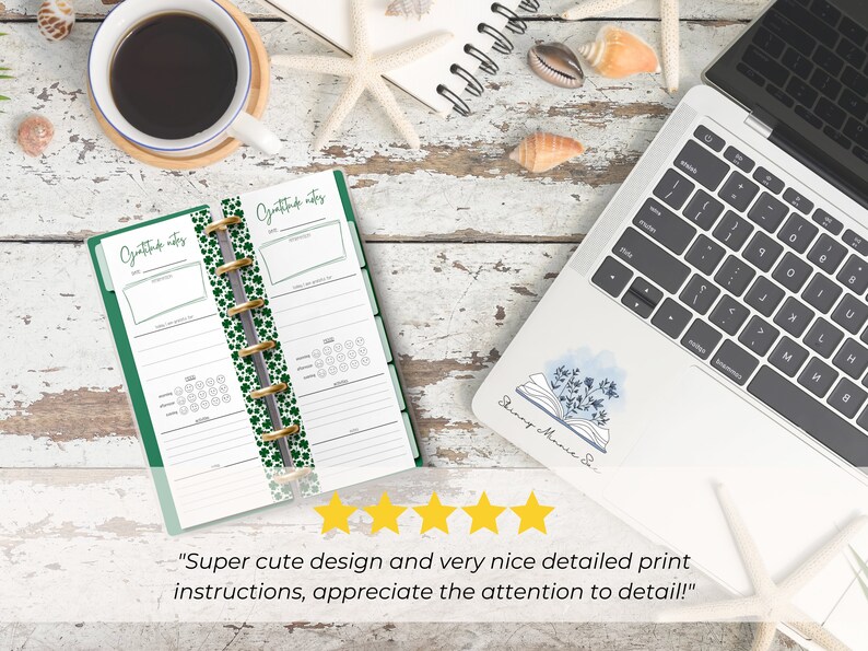 The pages are shown open in a Skinny Mini green binder gold silver rings. It is on a desk next to a laptop and a coffee cup. 5 yellow stars are shown with text from a customer review: Super cute design and very nice detailed print instructions!"