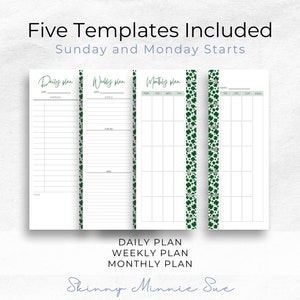 St.Patty Collection. 4 Skinny Mini pages shown to include the left and right monthly pages, and the left pages for: daily plan, weekly plan. Inner margins have four leaf clover patter.