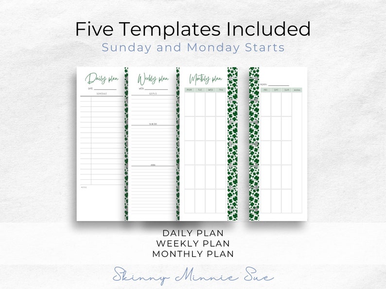 St.Patty Collection. 4 Skinny Mini pages shown to include the left and right monthly pages, and the left pages for: daily plan, weekly plan. Inner margins have four leaf clover patter.