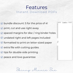 This page lists out the features for the instant download PDFs, and show an image of a rectangle that is 7 inches from top to bottom and 2.643 inches from left to right.