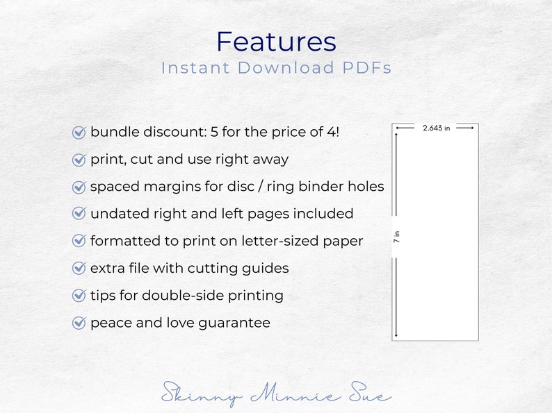 This page lists out the features for the instant download PDFs, and show an image of a rectangle that is 7 inches from top to bottom and 2.643 inches from left to right.