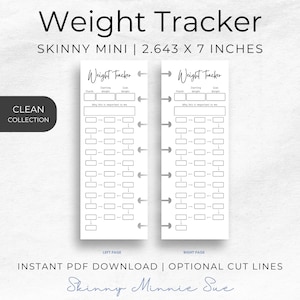 May include: Printable weight tracker in black and white with a minimalist design. The tracker is 2.643 inches wide and 7 inches tall. It is part of the "Clean Collection" and is a skinny mini size.