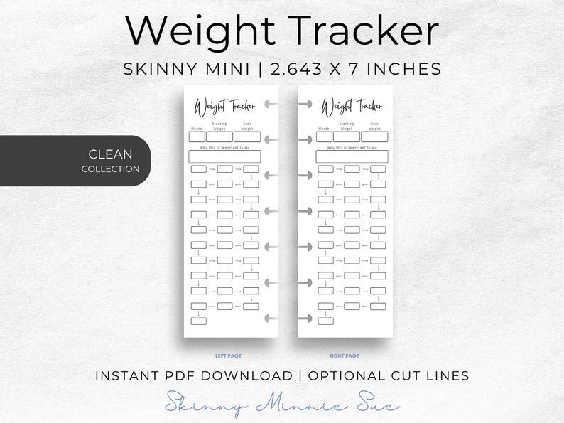 Photo of left and right pages for the Skinny Mini Planner, pages are the same and show place to record: month, starting weight, goal weight, and why it is important to you. 31 boxes are shown with arrows between them to record daily weights.