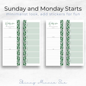 Sunday Monday starts. Shows same two pages, and a second set of two pages showing same for left page but the right page has 7 boxes for the weekdays Monday through Sunday. Inner margins have four leaf clovers.