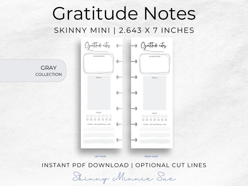 Skinny Mini Gray Happy Planner Printable, Simple Gratitude Notes for Disc Planners, Mood & Affirmations Tracker, Cut Lines, Instant Download image 1