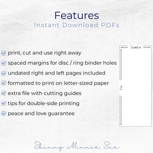 This page lists out the features for the instant download PDFs, and show an image of a rectangle that is 7 inches from top to bottom and 2.643 inches from left to right.