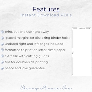 This page lists out the features for the instant download PDFs, and show an image of a rectangle that is 7 inches from top to bottom and 2.643 inches from left to right.