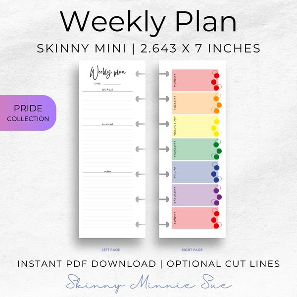 Skinny Mini Pride Happy Planner Printables, Rainbow Weekly Plan Inserts for Disc Planners, Cut Lines, Instant Download Sunday Monday Start