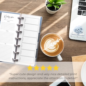 The pages are shown open in a Skinny Mini blue binder with silver rings. It is on a desk next to a laptop and a coffee cup. 5 yellow stars are shown with text from a customer review: Super cute design and very nice detailed print instructions!"