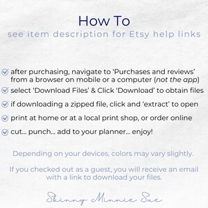 K&ouml;nnte beinhalten: Eine Checkliste mit Anweisungen zum Herunterladen und Verwenden von digitalen Dateien, die auf Etsy gekauft wurden. Der Text enth&auml;lt die Phrasen "How To" und "siehe Artikelbeschreibung f&uuml;r Etsy-Hilfelinks".
