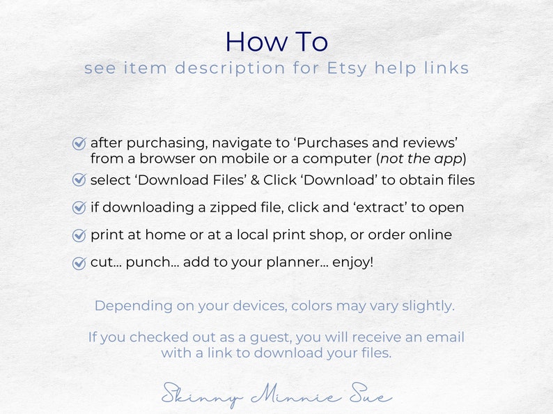 K&ouml;nnte beinhalten: Eine Checkliste mit Anweisungen zum Herunterladen und Verwenden von digitalen Dateien, die auf Etsy gekauft wurden. Der Text enth&auml;lt die Phrasen "How To" und "siehe Artikelbeschreibung f&uuml;r Etsy-Hilfelinks".