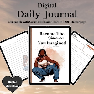 Puede incluir: Diario digital diario con el texto "Become The Woman You Imagined" y una ilustración de una mujer negra. El diario es compatible con Goodnotes e incluye un registro diario y más de 100 páginas de inicio.