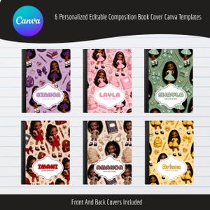 May include: Six personalised editable composition book cover Canva templates featuring repeating patterns of illustrated dolls with various accessories and names including Bianca, Layla, Shayla, Imani, Amanda, and Ariana displayed on each cover.