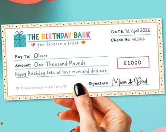 Cheque de cumpleaños personalizado / Efectivo novedoso / Recuerdo de cumpleaños personalizado / Regalo de dinero - Entrega gratuita en el Reino Unido