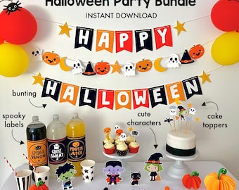 May include: A festive Halloween party bundle with decorations, including bunting, cake toppers, and spooky labels. The image features balloons, cupcakes, and cut-out characters. Text reads "print your own Halloween Party Bundle INSTANT DOWNLOAD."