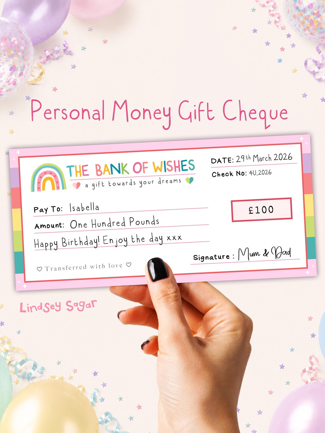 Personalised Rainbow Money Gift Cheque | Cash Gift for Kids | Birthday ...