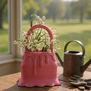 May include: A pink, handbag-shaped vase filled with white lily of the valley flowers. A small, metal watering can and gardening gloves sit nearby on a wooden table. The scene is set in front of a window with a blurred green background.