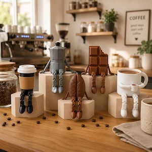 May include: A collection of five articulated figurines shaped like coffee-related items: a black coffee cup with a tan sleeve, a grey moka pot, a brown chocolate bar with a bite taken out, a brown coffee bean, and a white mug holding a tiny cup.