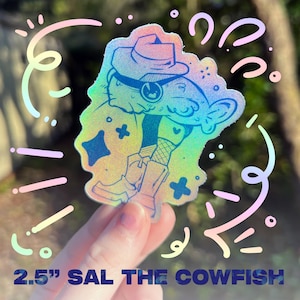 2.5&quot; SAL THE COWFISH - Original kawaii western glitter character holo sticker Waterproof Dishwasher safe uv Laminated