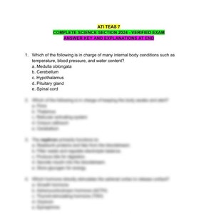 以下が含まれることがあります： ATI TEAS 7 Complete Science Section 2024 Verified Examからのテキストが記載された白い紙。テキストには、体内の状態に関する質問と解答が含まれています。