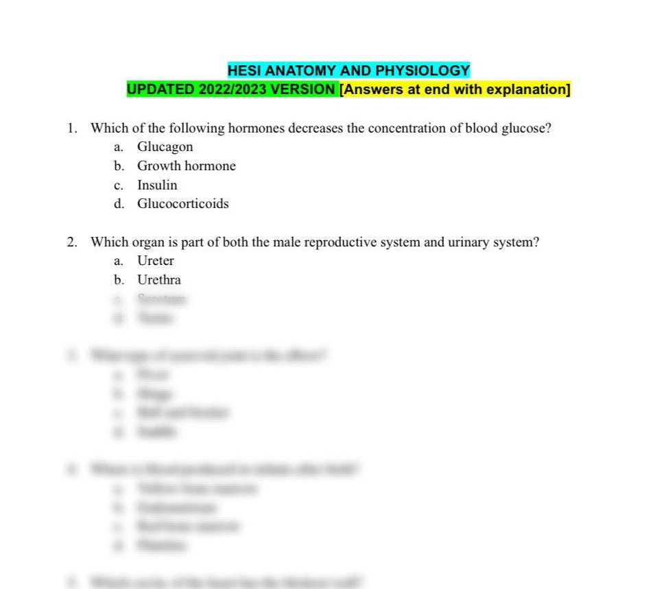 HESI A2 2022/2023 UPDATED Anatomy &amp; Physiology Practice Exam - Verified ...