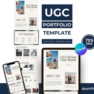 May include: A digital UGC Portfolio Template with the text "UGC PORTFOLIO TEMPLATE INSTANT DOWNLOAD". The design includes a phone, tablet, and computer screen displaying portfolio examples. A "75% SALE" badge is also visible.