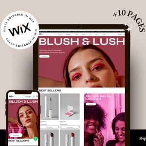 Op de afbeelding: Een digitale mockup van een website op een tablet en smartphone, met een make-upmerk. De website toont de tekst "BLUSH & LUSH" en "BEST SELLERS". De afbeelding bevat ook de tekst "+10 PAGES" en "FULLY EDITABLE IN WIX".