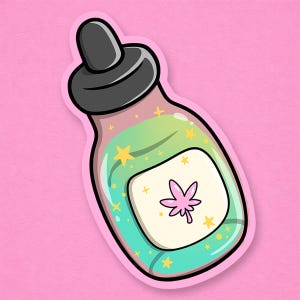Kawaii Weed Potion-klistermärke • Magisk pastellfärgad cannabis-dekal