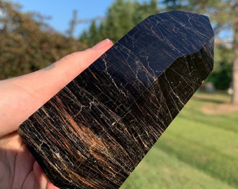 Large Black Tourmaline w Red Hematite & Hematite Inclusions Tower Polished Point | Smooth Protection Grounding Crystal Mineral Stone Carving