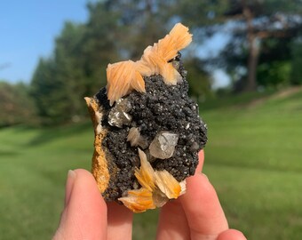 Flashy Orange Tipped Pink Barite on Gem Galena with Cerussite Crystals | Natural Rough Raw Mineral Mix - High Quality Healing Crystal