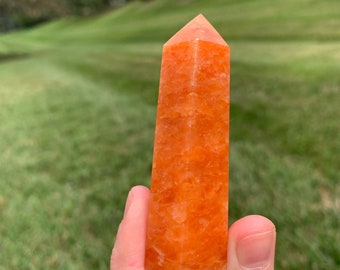 Flashy Orange Calcite Rainbow Polished Tower Point | Juicy Sunkist Sunset | natural crystal mineral stone rock confidence creativity